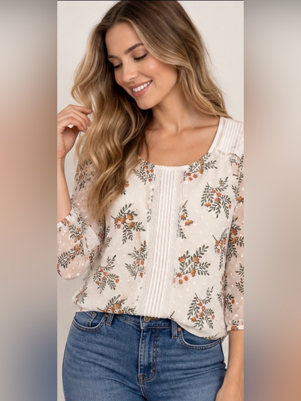 Medium Women’s Lauren Conrad Floral Swiss-Dot Blouse – Size M / 3/4 length arms